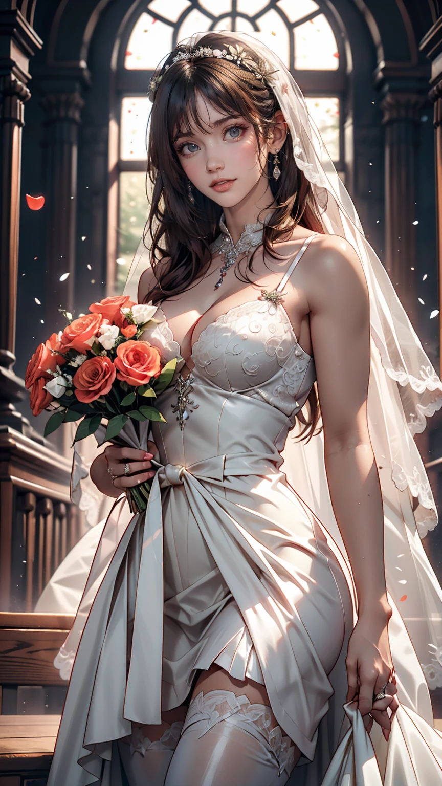 masterpiece:1.2, highest quality), Realistic, (live-action, Intricate details, Depth of written boundary), (One girl, alone), compensate, Lips parted, Very detailed, Perfect Face, (Skin dents), Thick thighs, Wide Hips, Narrow waist, expensive, Glossy coral lips,, (Girl in wedding dress holding flowers in hand )), sexy, Blushing, Mikasa from AOT