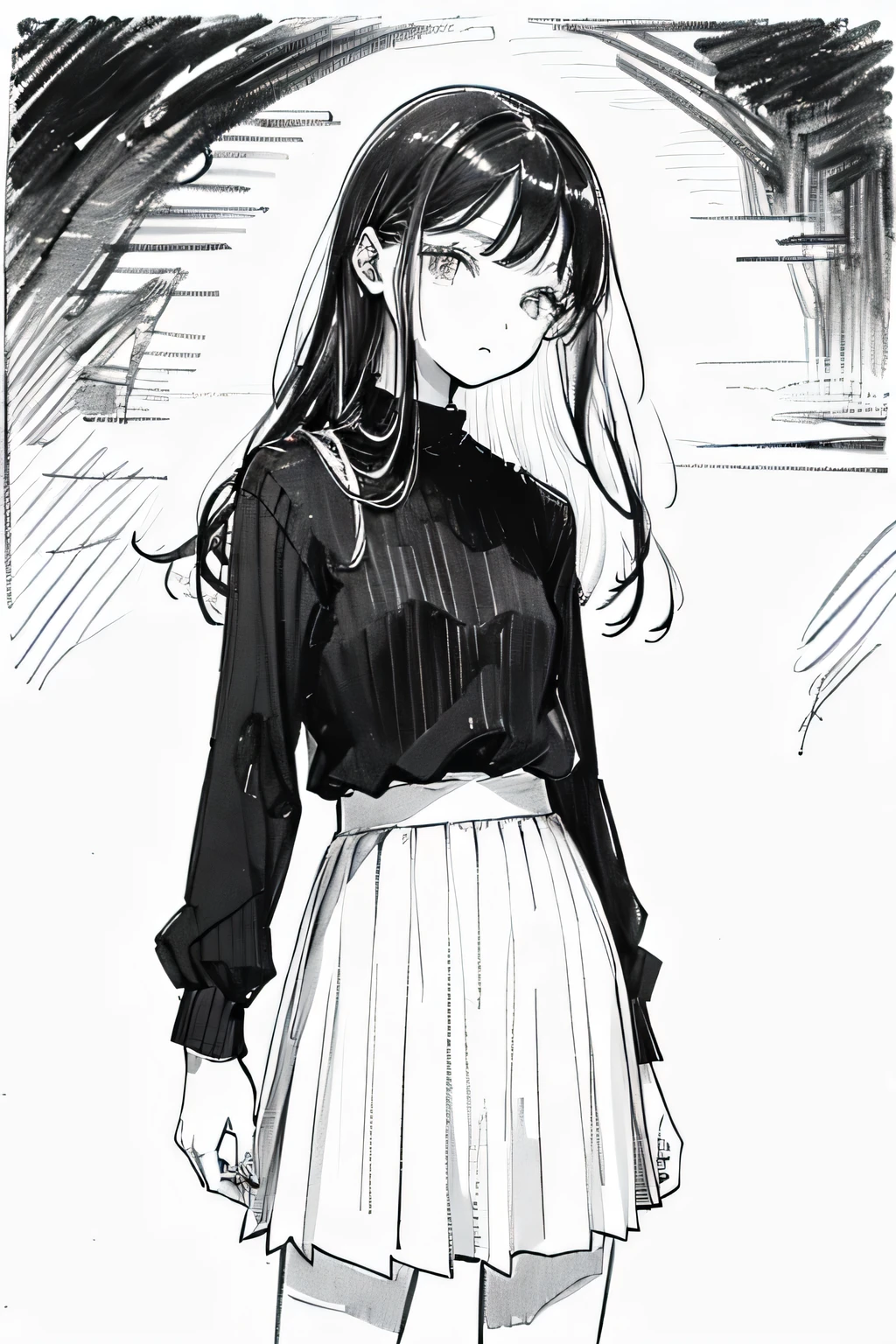 One Girl,Line art,Monochrome,sketch,Pencil drawing,Traditional Media,One Girl, Black skirt fence, Long Hair Shirt, Long sleeve, skirt, alone、Are standing、Cute Teenage Girl, ,Beautiful portrait、Delicate body、Esbian all over、Black Hair、Black Hair,landscape