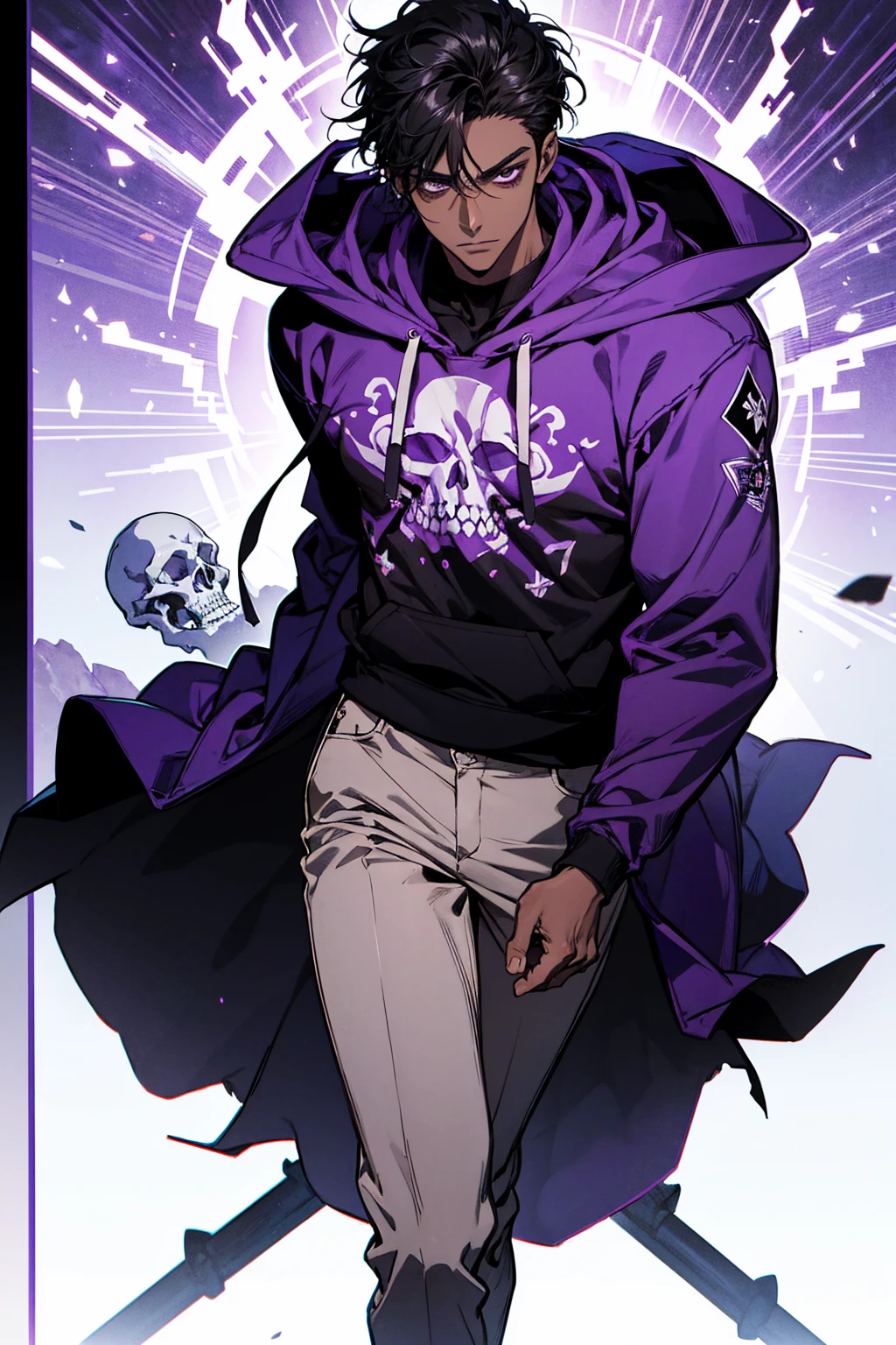 male with bones, looking away from camera, skulls, bones, handsome, black, dark skin, tall, broad shoulders, black hair, purple, purple fire, magic, detailed face, fantasy, hoodie

