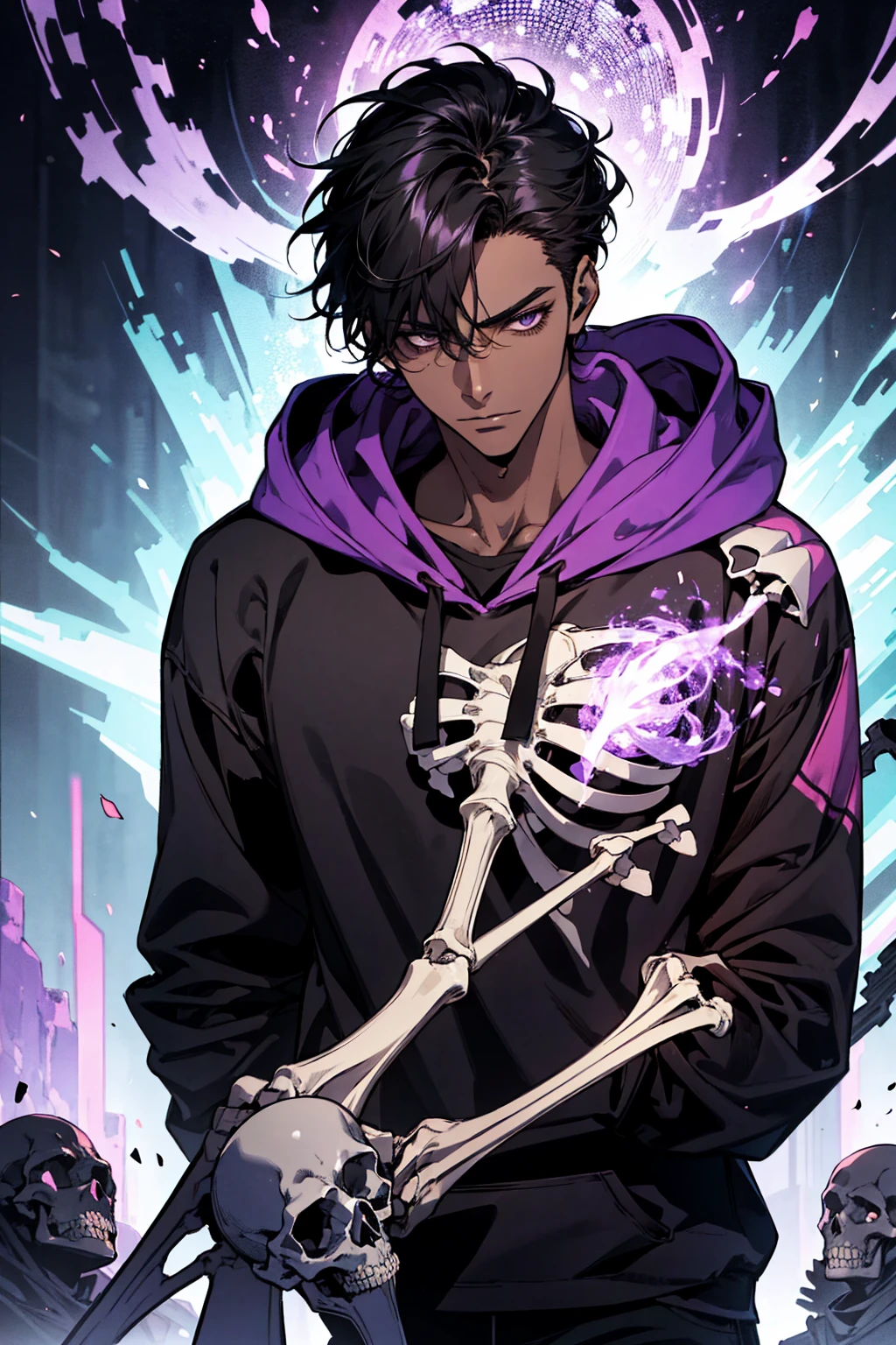 male with bones, looking away from camera, skulls, bones, handsome, black, dark skin, tall, broad shoulders, black hair, purple, purple fire, magic, detailed face, fantasy, hoodie