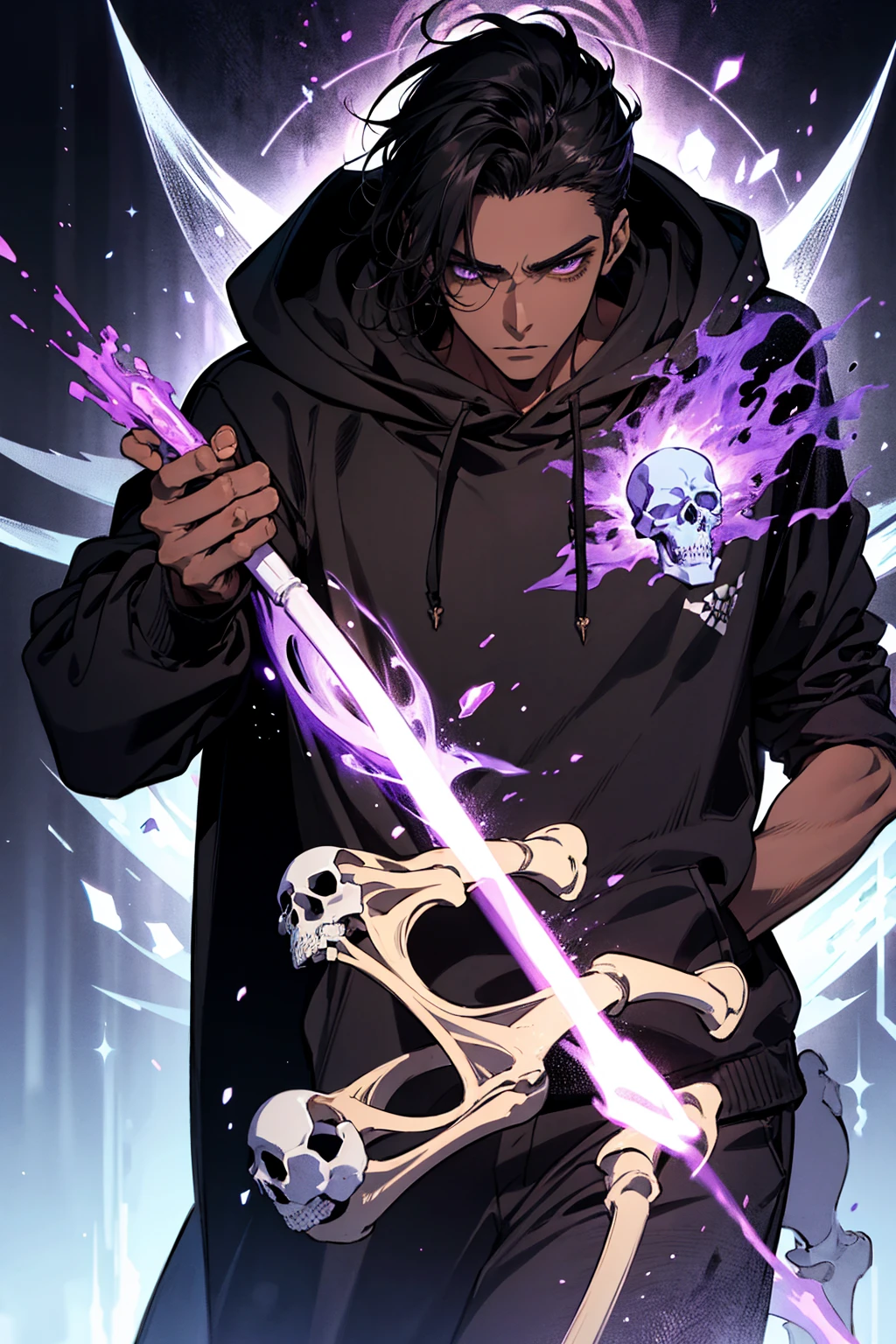 male with bones, looking away from camera, skulls, bones, handsome, black, dark skin, tall, broad shoulders, black hair, purple, purple fire, magic, detailed face, fantasy, hoodie
