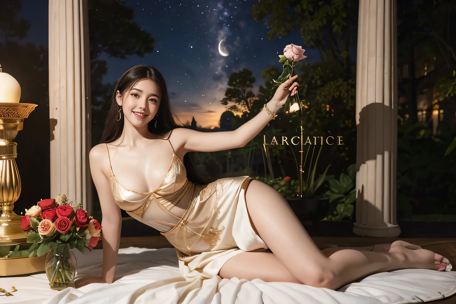 Giorgione painting style,Arguments of two female Philosophe,math、astronomical machine、astronaut、roses in vase、fruits、Cute trinkets、smile、ancient greek costume、Background is a forest lake at night 、Clothes that stretch your shoulders、A big smile、beautiful bare skin、A detailed representation of the seducing woman throughout her body.sexy,erotic smile