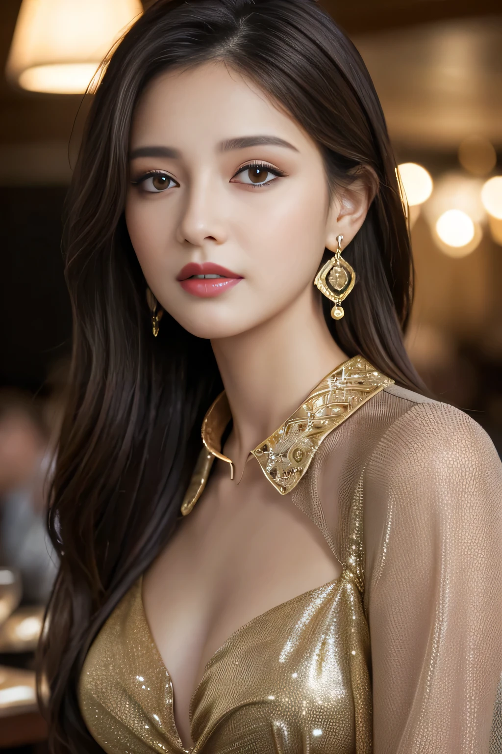 masterpiece, highest quality, Realistic, Very detailed, Finer details, High resolution, 8k wallpaper, One beautiful woman, Wear a dressy black see-through collar shirt, In a great restaurant, At night, Light brown messy hair, Perfect dynamic composition, Beautiful and beautiful eyes、Big earrings