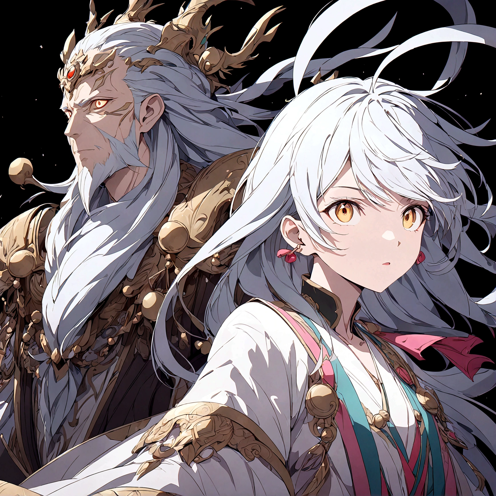 a powerful primordial god with a white beard standing beside a powerful adult primordial goddess, black background, anime style, detailed face, detailed clothing, intricate details, complex composition, refined textures, vibrant colors, masterful rendering, 8k, best quality