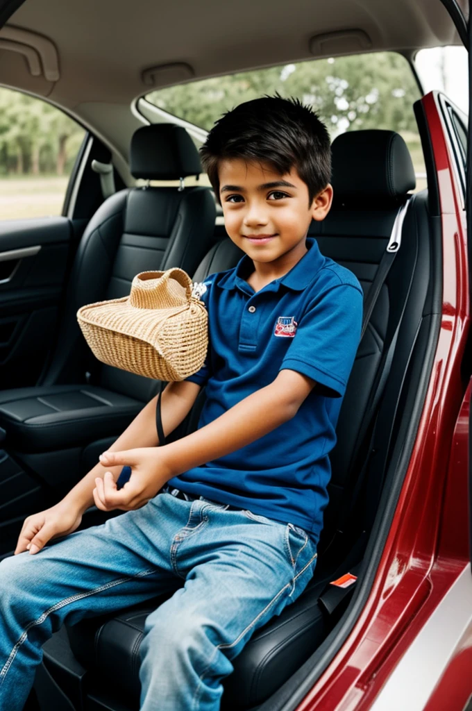 A boy riding in a car