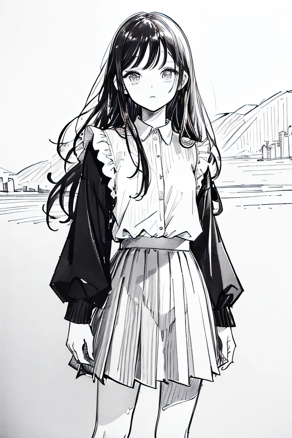 Line art,Monochrome,sketch,Pencil drawing,Traditional Media,One Girl, Black skirt fence, Long Hair Shirt, Long sleeve, skirt, alone、Are standing、Cute Teenage Girl, ,Beautiful portrait、Delicate body、Esbian all over、Black Hair、Black Hair,landscape