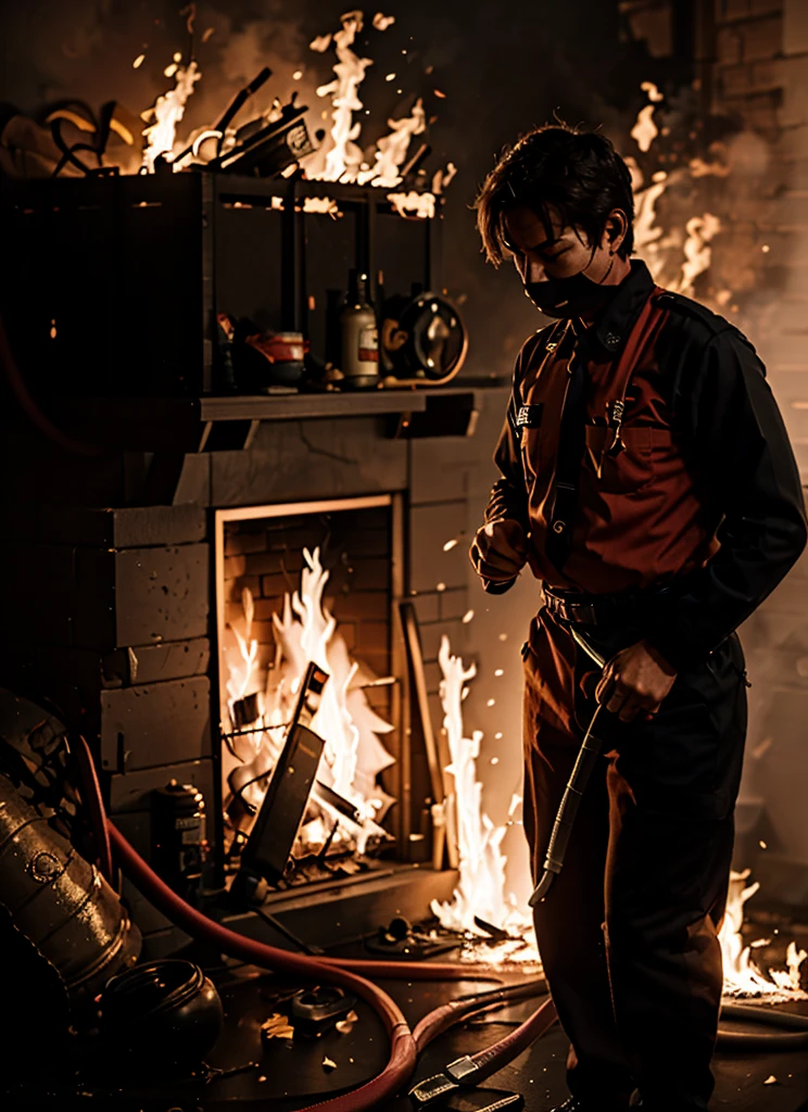 A firefighter, is extinguishing the fire.