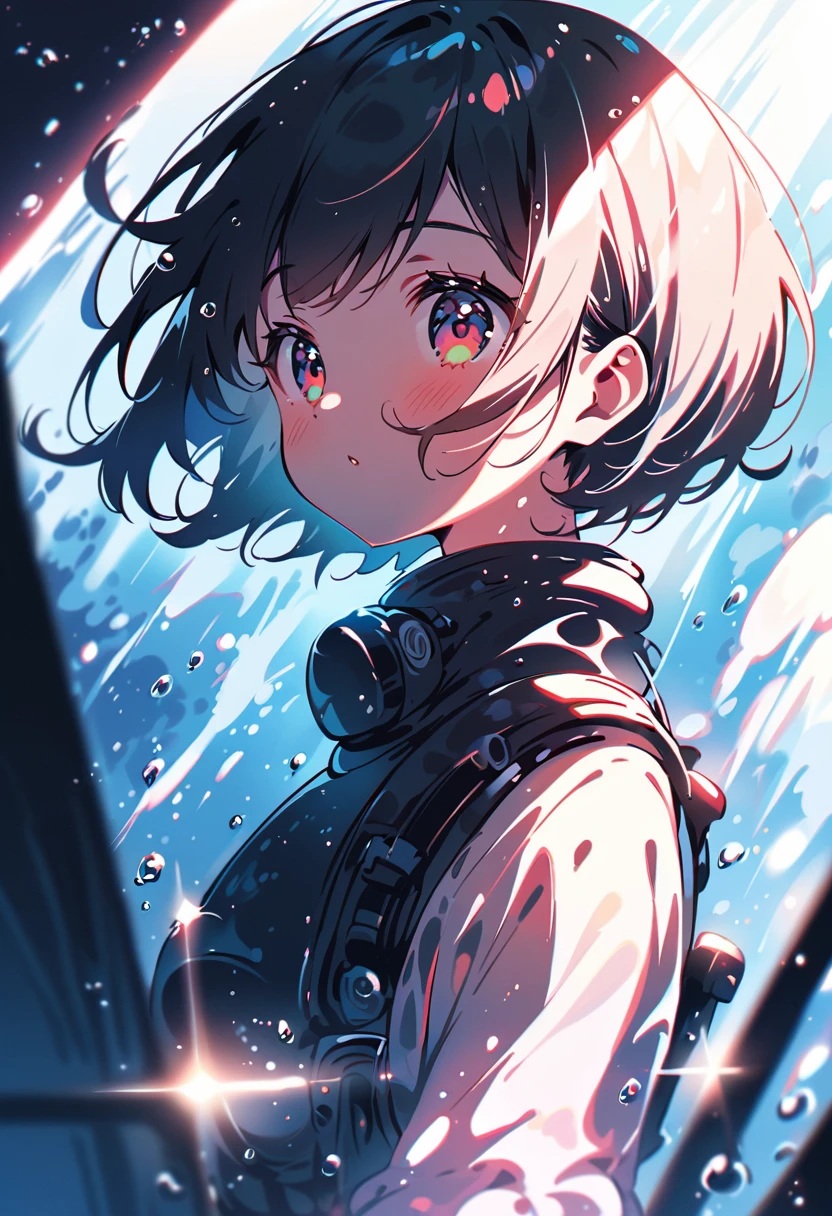 (extremely detailed fine touch:1.3), (hard light, studio light, light rays, dappled light, reflection, shadows, ray tracing:1.0), (2D:1.3), ///, kawaii girl, (super very short hair:1.3), scuba diving, beautiful sea, surrounded by shining light,