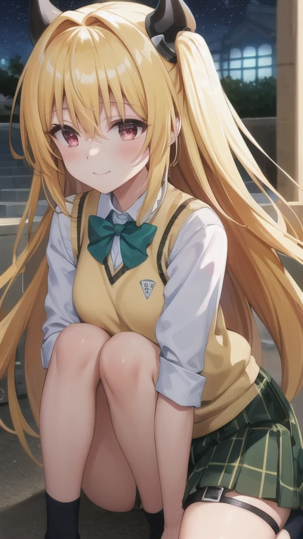 masterpiece, best quality, highres, BREAK , phyami, yamisch, long hair,hair ornament, hair between eyes, blonde hair, very long hair,red eyes,
,thigh strap, sweater vest, plaid skirt, plaid, socks, pleated skirt, skirt,
/=yaminor,etached sleeves, black dress=/
BREAK
,
, BREAK ,forced smile,dark temple nighttime, , brown theme, , very wide shot, hands on knees,, knees,