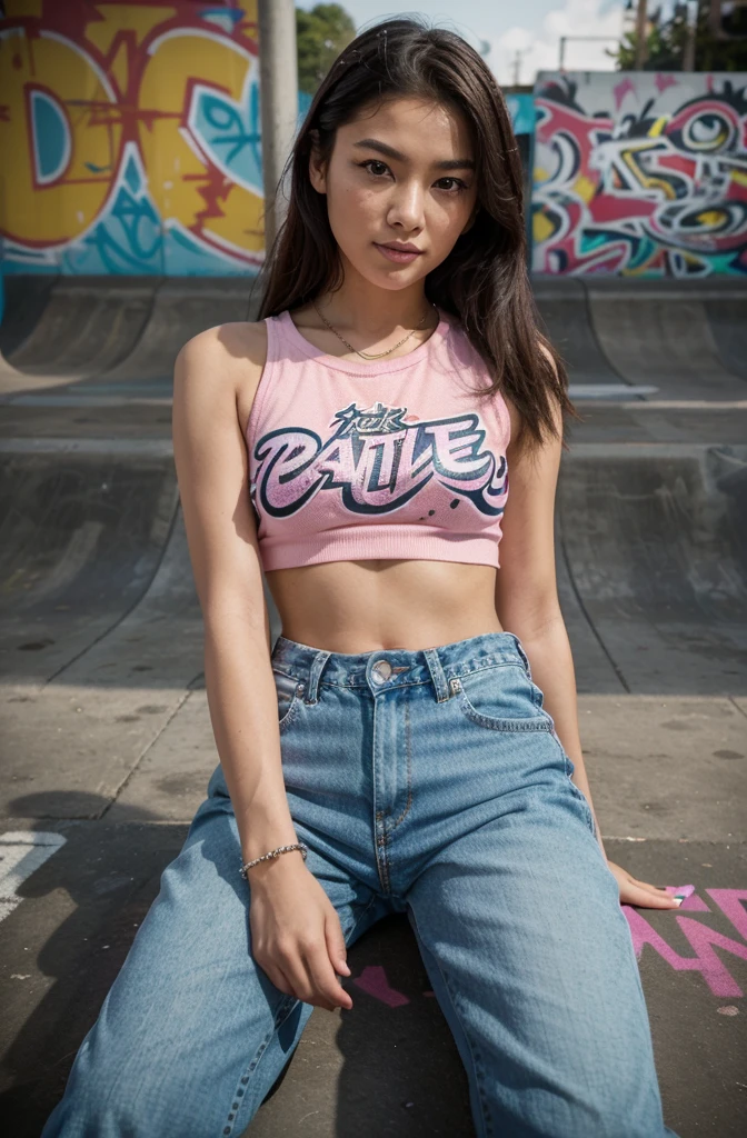 “Develop an HD Ultra Realistic image of Young Attractive Asian Woman Sophie Tan at a vintage skate park, late afternoon. Sophie sports a bedazzled crop top and low-rise baggy jeans, a nod to iconic Y2K streetwear. Capture her sitting on a graffiti-covered half-pipe using a high-resolution DSLR camera with a 75mm lens, emphasizing her relaxed, flirtatious pose and confident smile (1.3). The skate park, bustling with skaters and vibrant street art, provides a dynamic, colorful backdrop that blurs slightly to focus on Sophie’s sharp attire (1.2). Enhance the textures of her glittering accessories and the denim’s ruggedness in post-production for a striking visual contrast (1.5).”