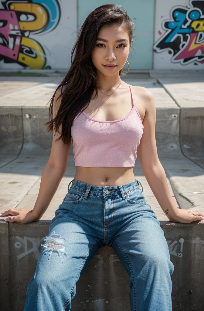 “Develop an HD Ultra Realistic image of Young Attractive Asian Woman Sophie Tan at a vintage skate park, late afternoon. Sophie sports a bedazzled crop top and low-rise baggy jeans, a nod to iconic Y2K streetwear. Capture her sitting on a graffiti-covered half-pipe using a high-resolution DSLR camera with a 75mm lens, emphasizing her relaxed, flirtatious pose and confident smile (1.3). The skate park, bustling with skaters and vibrant street art, provides a dynamic, colorful backdrop that blurs slightly to focus on Sophie’s sharp attire (1.2). Enhance the textures of her glittering accessories and the denim’s ruggedness in post-production for a striking visual contrast (1.5).”