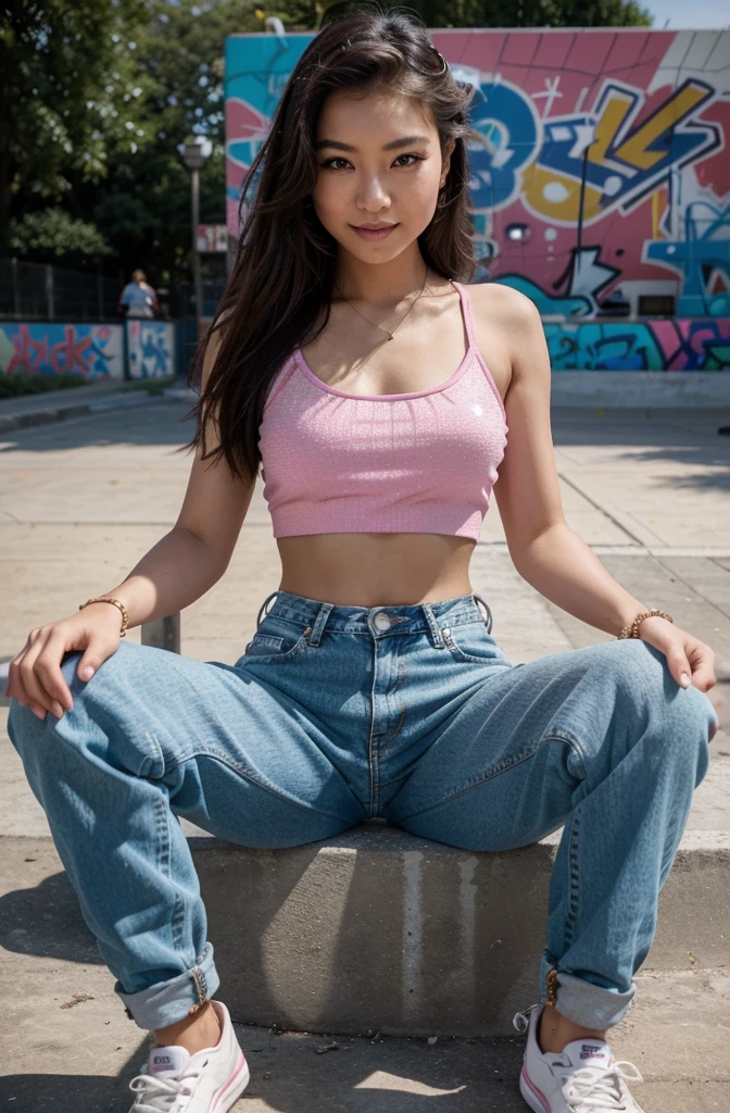 “Develop an HD Ultra Realistic image of Young Attractive Asian Woman Sophie Tan at a vintage skate park, late afternoon. Sophie sports a bedazzled crop top and low-rise baggy jeans, a nod to iconic Y2K streetwear. Capture her sitting on a graffiti-covered half-pipe using a high-resolution DSLR camera with a 75mm lens, emphasizing her relaxed, flirtatious pose and confident smile (1.3). The skate park, bustling with skaters and vibrant street art, provides a dynamic, colorful backdrop that blurs slightly to focus on Sophie’s sharp attire (1.2). Enhance the textures of her glittering accessories and the denim’s ruggedness in post-production for a striking visual contrast (1.5).”