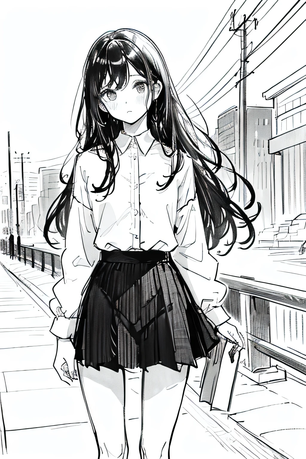 Line art,Monochrome,sketch,Pencil drawing,Traditional Media,One Girl, Black skirt fence, Long Hair Shirt, Long sleeve, skirt, alone、Are standing、Cute Teenage Girl, ,Beautiful portrait、Delicate body、Esbian all over、Black Hair、Black Hair,landscape
