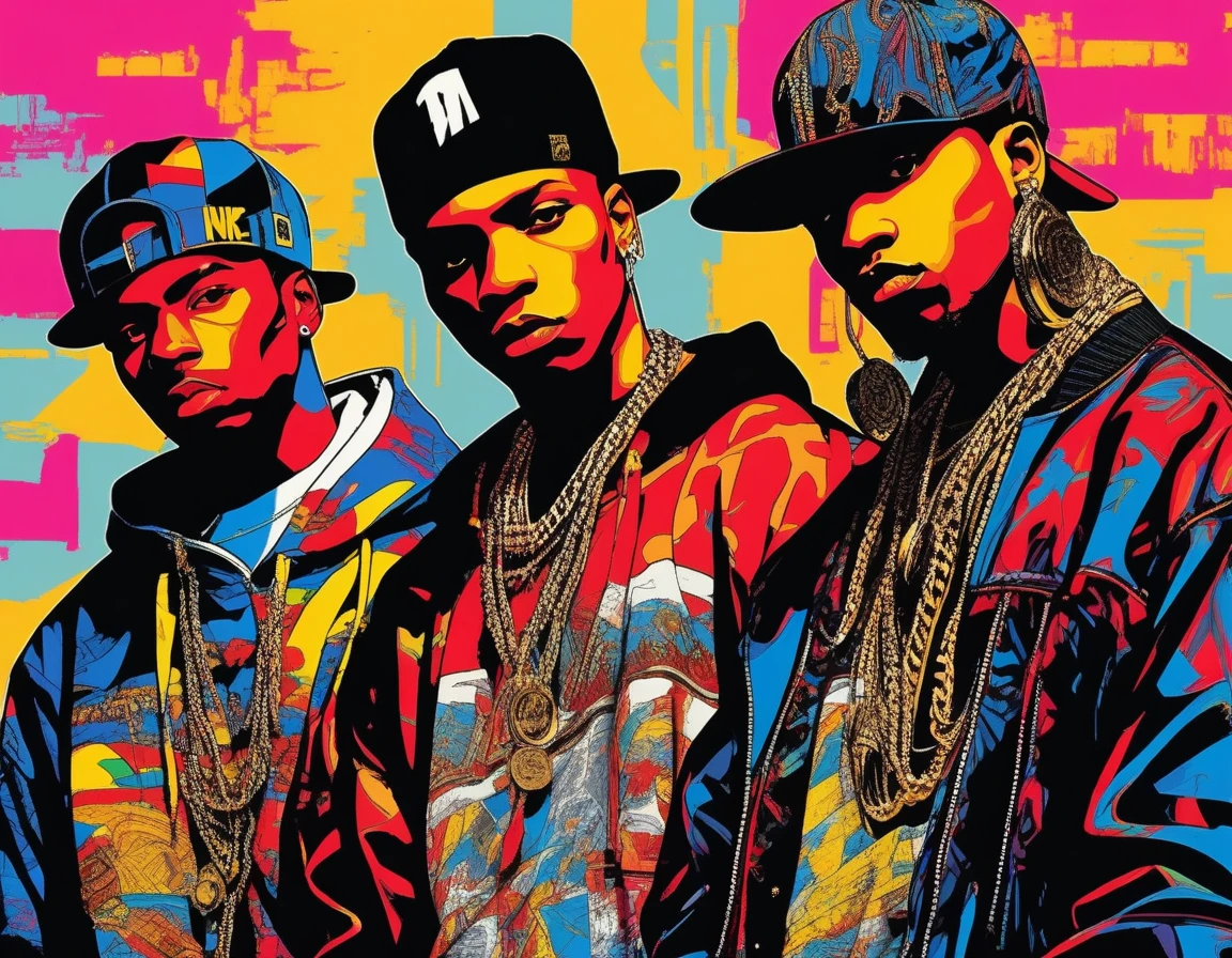 (masterpiece:1.2, highest quality), (Live Action, Intricate details),Hip Hop Style.Group of 3