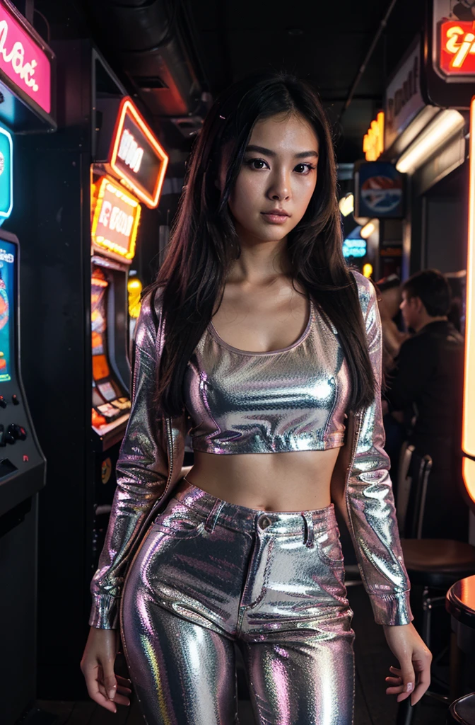 “Generate an HD Ultra Realistic image of Young Attractive Asian Woman Sophie Tan engaged in playing at a retro arcade. Clad in a shiny vinyl jacket and flared trousers with reflective stripes, she epitomizes the Y2K fashion revival. Use a mirrorless camera equipped with a 50mm prime lens to capture her excitement and concentration at the gaming console (1.3). The arcade’s neon lights and classic machines create a lively yet nostalgic setting, captured with a low-light setting to enhance the arcade’s glowing ambiance (1.2). Post-production should focus on illuminating Sophie’s outfit and the vibrant screen reflections in her eyes, emphasizing the energy and youthfulness of the scene (1.4).”