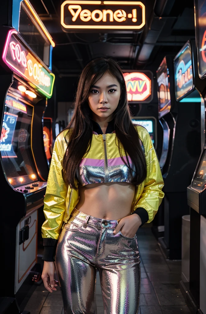 “Generate an HD Ultra Realistic image of Young Attractive Asian Woman Sophie Tan engaged in playing at a retro arcade. Clad in a shiny vinyl jacket and flared trousers with reflective stripes, she epitomizes the Y2K fashion revival. Use a mirrorless camera equipped with a 50mm prime lens to capture her excitement and concentration at the gaming console (1.3). The arcade’s neon lights and classic machines create a lively yet nostalgic setting, captured with a low-light setting to enhance the arcade’s glowing ambiance (1.2). Post-production should focus on illuminating Sophie’s outfit and the vibrant screen reflections in her eyes, emphasizing the energy and youthfulness of the scene (1.4).”