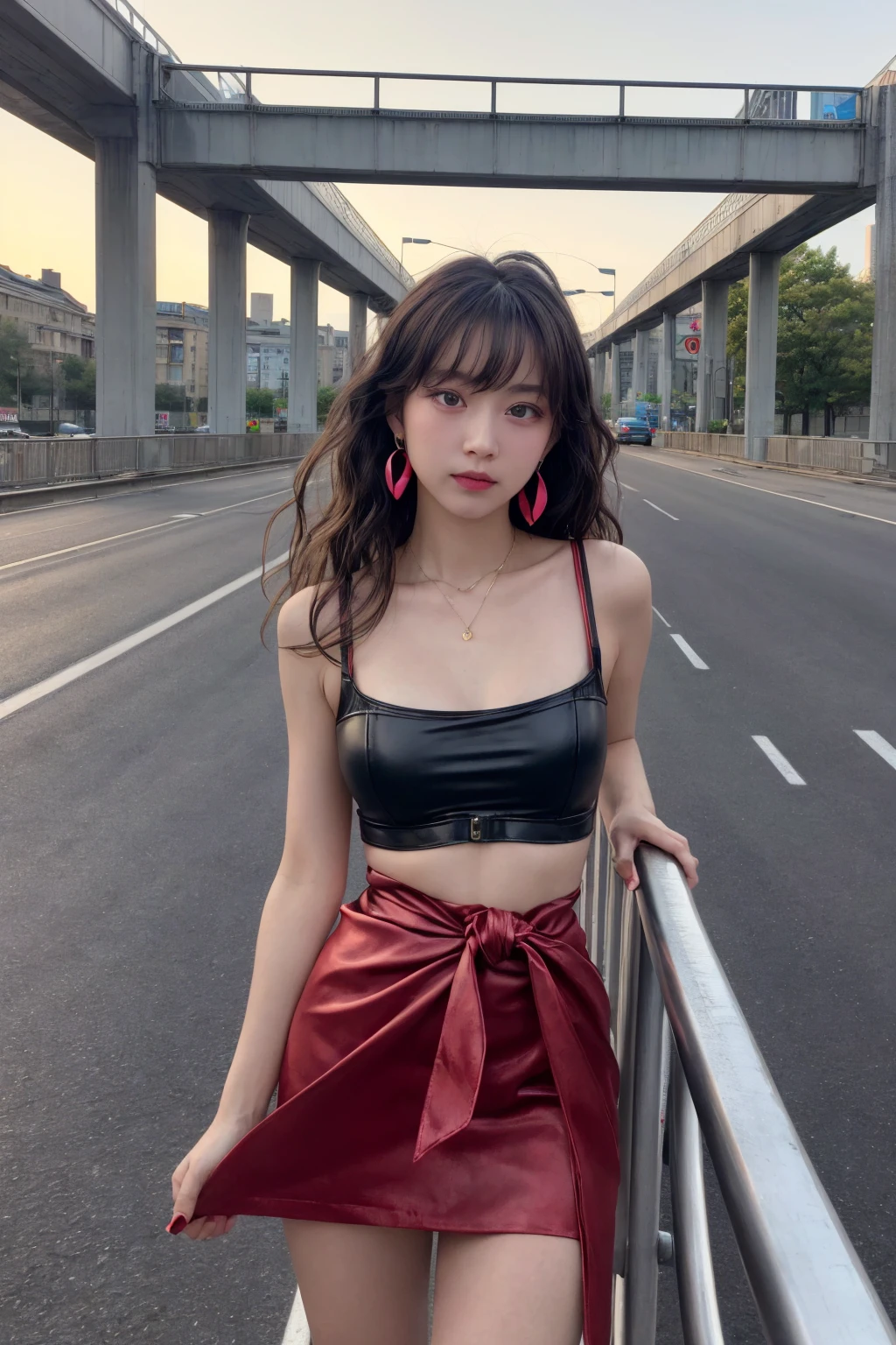 White skin,aqua eyes,
(((precise))),(((Very detailed))),(((High Detail))),(((Best quality))),(((16k))),(((masterpiece))),
((first-person view)),
A girl on the overpass at night,Neon lights flashing,Under the bridge is a busy street。
Fluffy long wavy hair,Spread casually over your shoulders。
Red petal-shaped earrings worn with a black leather jacket,Inside is a red silk suspender skirt,
A wide black belt tied around the waist,Wearing a vintage metal bracelet on her hand。
There is a trace of confusion and sadness in his eyes,
Leaning on the railing of the overpass,Looking at the vehicles and pedestrians under the bridge,