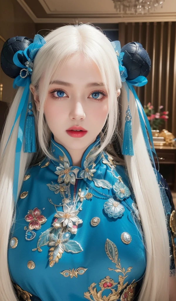 Super detailed, Delicate face, Realistic style, Stock Photography ,  rich and colorful, Surrealism, Realistic textures, Dramatic Lighting, Thin Film Distiller 800 (8K, original photo, Better quality, masterpiece: 1.2), Super detailed, (Extremely delicate skin: 1.2), 8K Ultra HD, SLR camera, Soft Light, high quality，Snow Queen,ice castle，Blue pupils，Apply red lipstick，Ultra-clear portrait，Wearing necklace jewelry，apply lipstick，Wear heavy makeup，The facial texture is very clear，Deep blue eyes(Sapphire-like pupils)，A crown of luxury，Diamond necklace，Lace Print，Beautiful goddess，Gorgeous and exquisite gold jewelry，Yan Lingji，