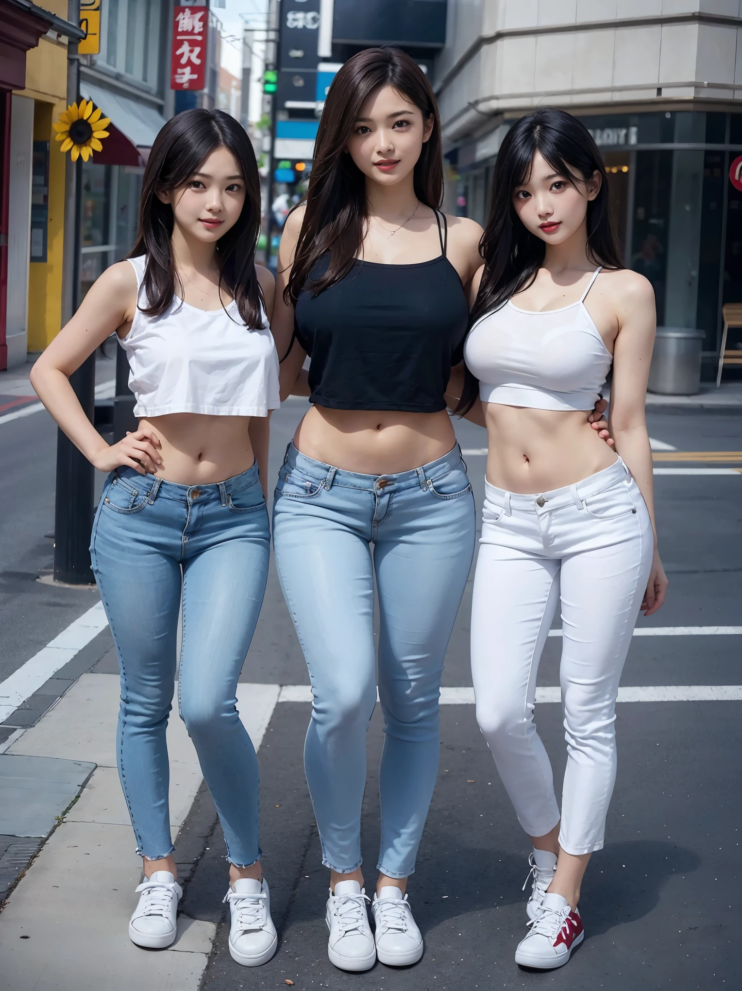 (Best Quality, Masterpiece, Photo realistic, Ultra Detailed, ultra high res, raw), (3 girls, group shot:1.3), pretty, Japanese, smile, bangs, double eyelids, (big breasts:1.3), (long hair| medium hair| short hair), (LowriseXL, LowwaistXL, groin), (cropped camisole), skinny jeans, navel, (sneaker, beautiful long legs, full body), main street, from below, (model posing, dynamic posing)