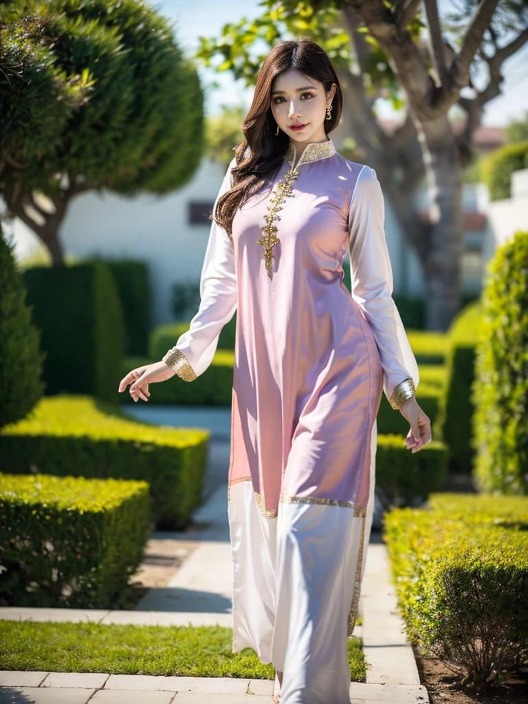 (((HD photo))), ultra high res.photorealistic:. 1.4, UHD a woman in a beautiful garden, wearing a traditional shalwar kameez dress, standing in karachi