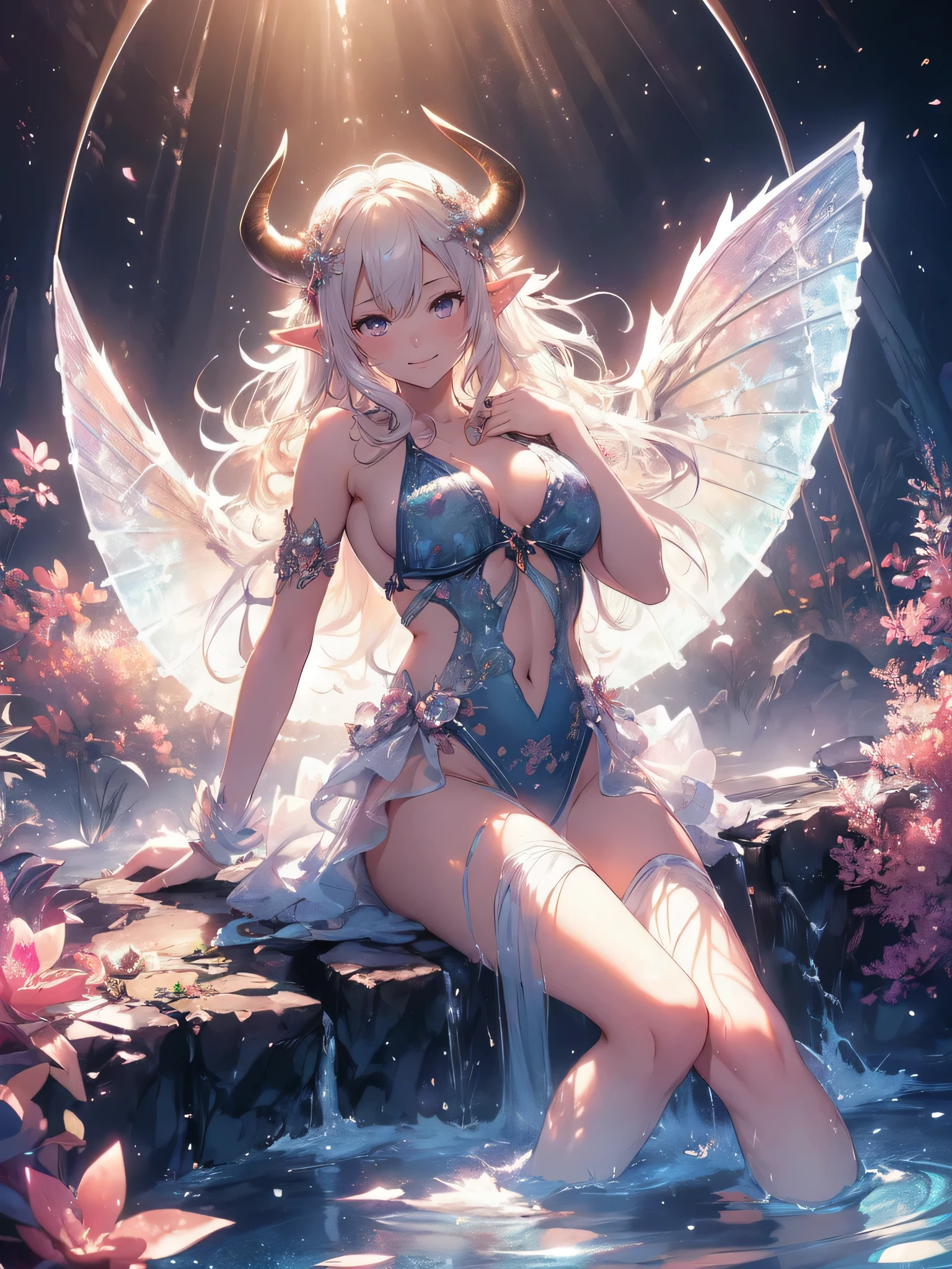 最high quality、1 woman elf、The Strongest Succubus、Wet、Floating on water、Sleeping on your back、Beautiful eyes、Beautiful decorated swimsuit、bikini,最high quality , fractal art ((smile、))((sleep on your back ))SMqueen、Orgasm、Ecstasy、Bigger on the front、 Beautiful shine,High-definition depiction, Realistic, 8k, Unity, Beautiful thighs,,Giant Devil's Wings、Rainbow-colored wings、、 light smile, Beautifully and vividly drawn, , beautiful beautiful透き通る肌、The magic of shining beautiful decoration、Giant horns、 demon king、、Beautiful decorative corners、 , beautiful、 Romanticism,mosquito。 The most beautiful form of chaos, Mr..々color, Intertwined flowers, P article,Magical gentle light,smile,,image quality、masterpiece、Beautiful face、Super beautiful elf woman((Big breasted 22 year old office lady、Bust 100,Beautiful long ironed hair、Silver Hair、height: 165cm。、Esbian、、high quality、、Visual Arts、最high quality、1 woman elf NP: Worst quality ,beautiful fractal art Marble pillar、、、light、Beautiful radiance,High-definition depiction, Realistic, 8k, Unity, , light smile, Beautifully and vividly drawn, , Beautiful, beautiful, clear skin、 ((see-through swim suit,))Countless rays of light pouring down, Swirling Light, big background, , Intense light is emitted from the magic circle in front of the girl. Romanticism,Cowboy Shot: 品質sleep on your back