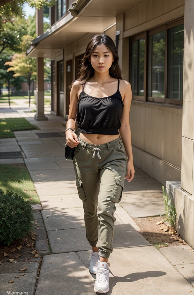 “Capture an HD Ultra Realistic image of Young Attractive Asian Woman Sophie Tan as she heads to class in true Y2K fashion at a university campus. Wearing a mesh-overlay tank over a bright bandeau with cargo pants, Sophie reflects the casual yet bold fashion trends of the era. Utilize a high-resolution camera with a 24mm wide-angle lens to snap her walking past a vintage campus building, her style contrasting with the traditional architecture (1.3). The setting includes early fall foliage and passing students, providing a lively yet casual backdrop that supports the youthful and fashionable theme (1.2). Enhance the color saturation and sharpness in post-production to bring out the vibrancy of her outfit and the seasonal colors around her (1.5).”