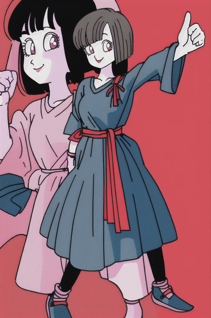 akira toriyama style,1girl, mature lady, ((solo:1.4)), modern clothes, long black hair, pink eyes, anime coloring, innocent smile, ((masterpiece))