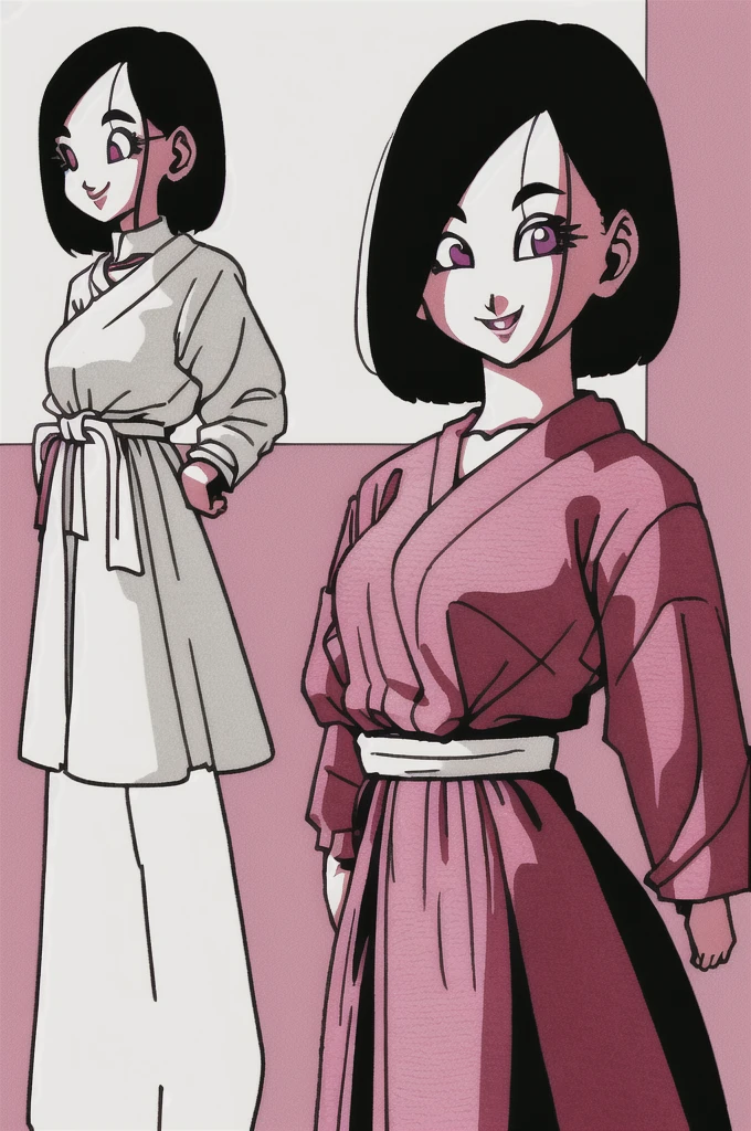 akira toriyama style,1girl, mature lady, ((solo:1.4)), modern clothes, long black hair, pink eyes, anime coloring, innocent smile, ((masterpiece)) 