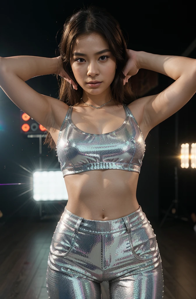 “Develop an HD Ultra Realistic image of Young Attractive Asian Woman Sophie Tan starring in a music video inspired by early 2000s pop icons. Sophie is outfitted in a crystal-studded tank top and metallic leather pants, dancing in a studio adorned with laser lights and smoke machines. Capture this scene using a cinematic camera with a 70mm lens, focusing on Sophie’s dynamic dance moves and the intricate reflections of her costume (1.3). The studio setting, filled with high-energy effects and a professional dance crew, is intentionally blurred to keep the viewer’s attention on Sophie’s dazzling performance (1.2). Post-production should amplify the visual effects with lens flares and enhanced lighting to mimic the era’s distinctive music video style (1.4).”