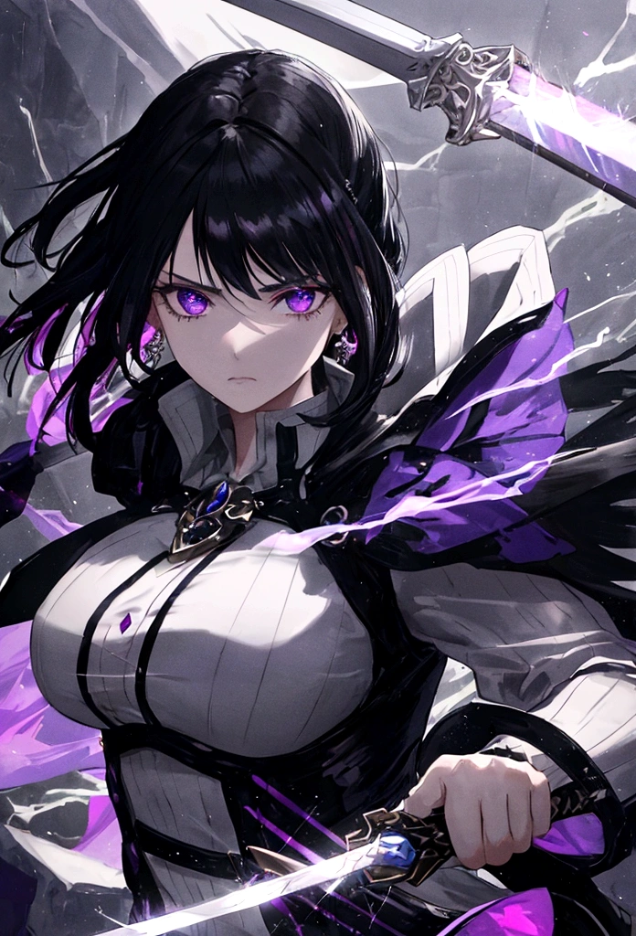 a woman with black hair and white streaks with sad face holding a large purple sword, detailed eyes, detailed sword, cinematic lightning
