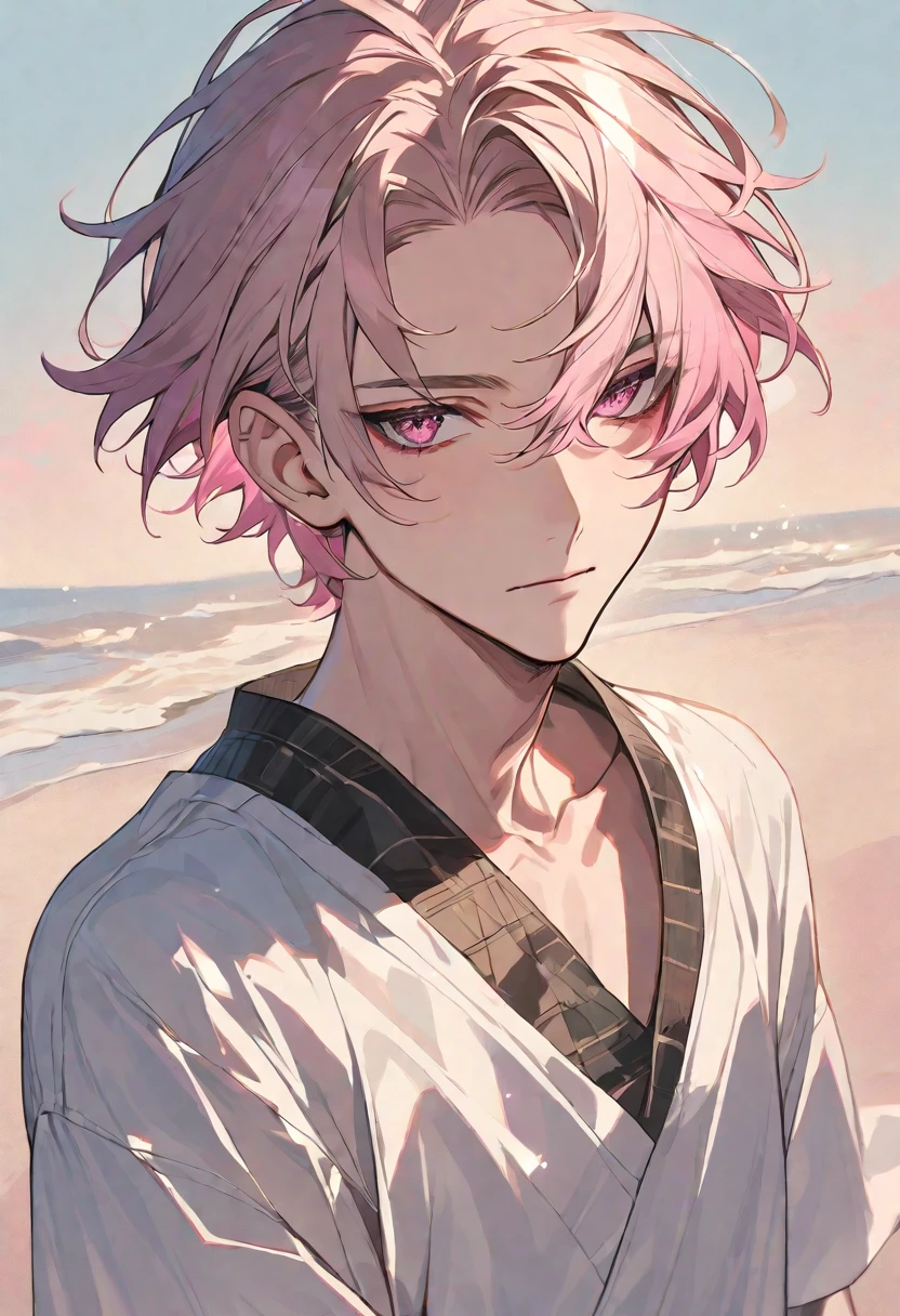 alone, good looking, 1 male, short hair, pink and beige hair, Pink eyes