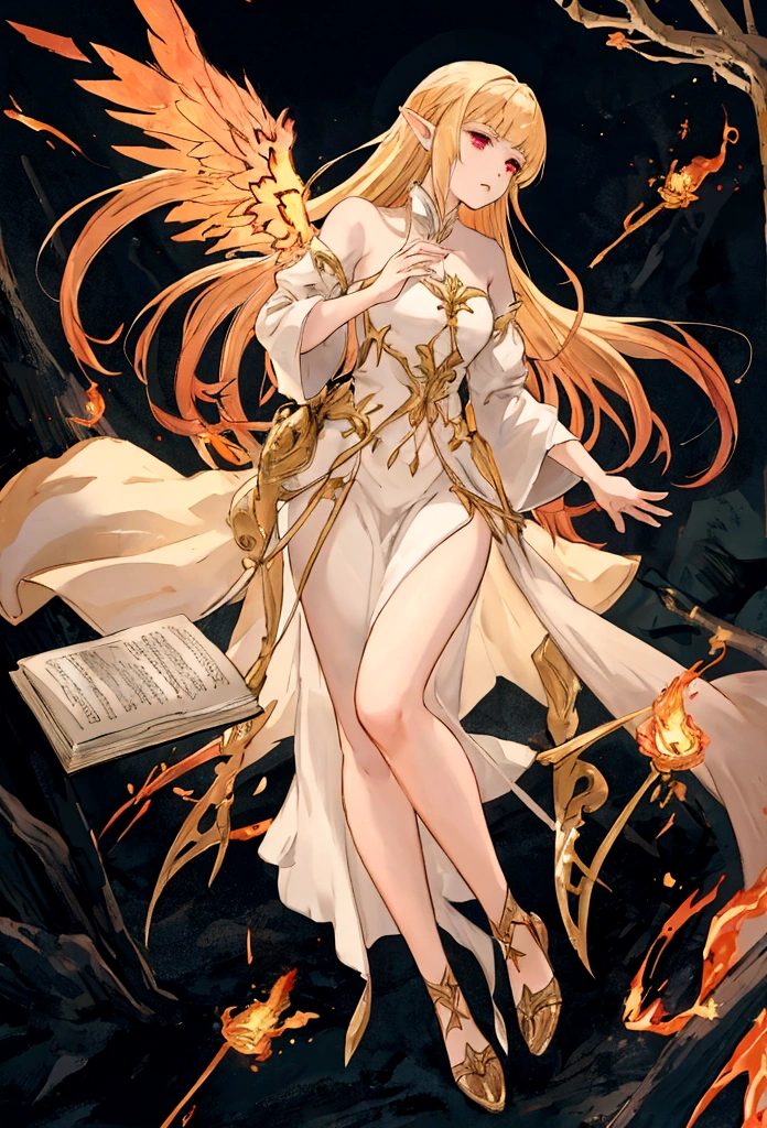 Fairy girl with wings and a book in hand, Classic Long Dress, Fairy Wings, Red eyes and Blonde Hair, Golden Hair, Serious face, Magic, arcane powers, RPG Character, pointy ears, look serious, casting a spell, casting a fire spell, action scene, in a battle, fighting scene, fire, 4k, full hd, detailed image, high quality image, detailed hands, five fingers