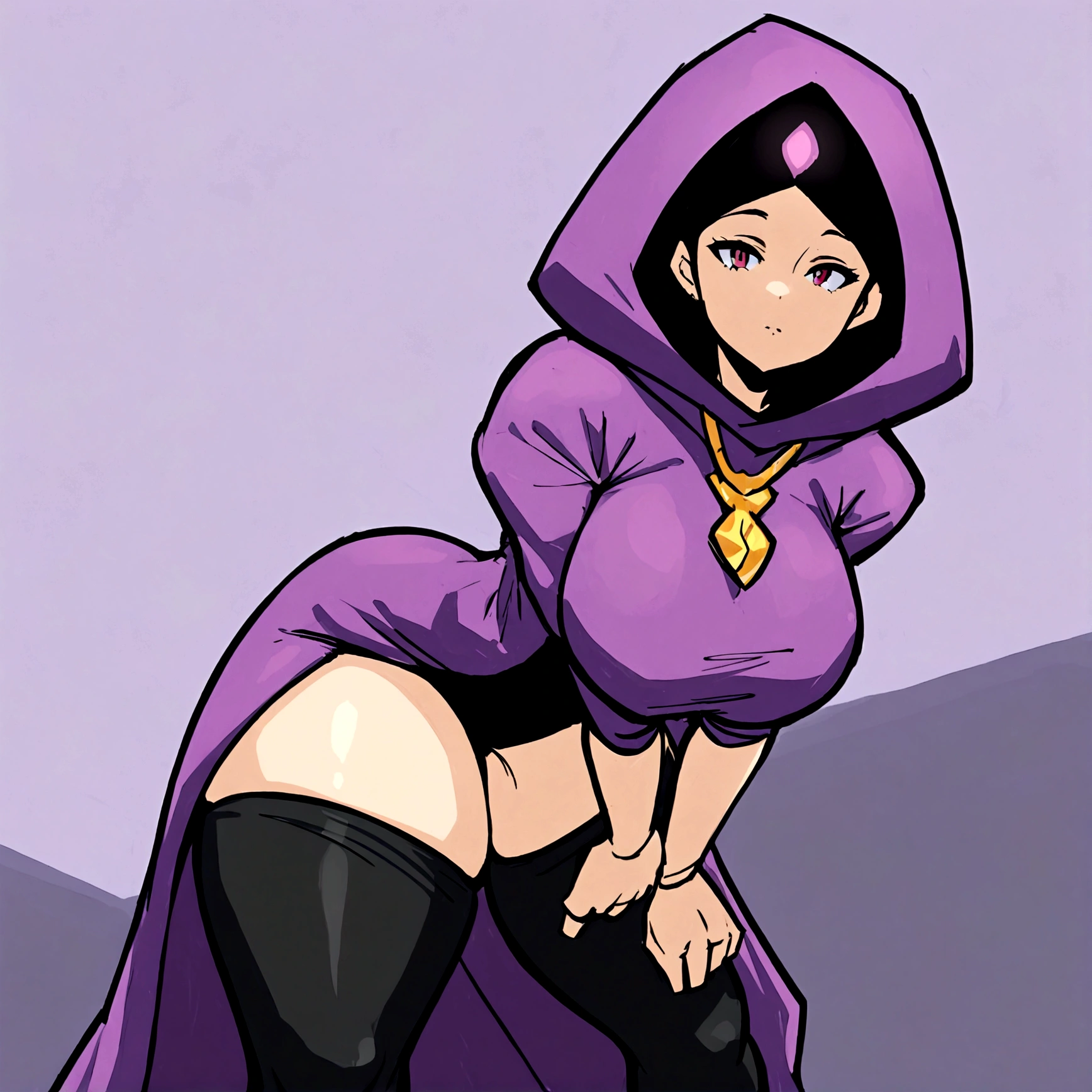 a thicc curvy shadow wizard wearing a purple robe and has nice thick thighs, female, sexy, fit, skinny, bent over from behind, wearing thigh high black stockings