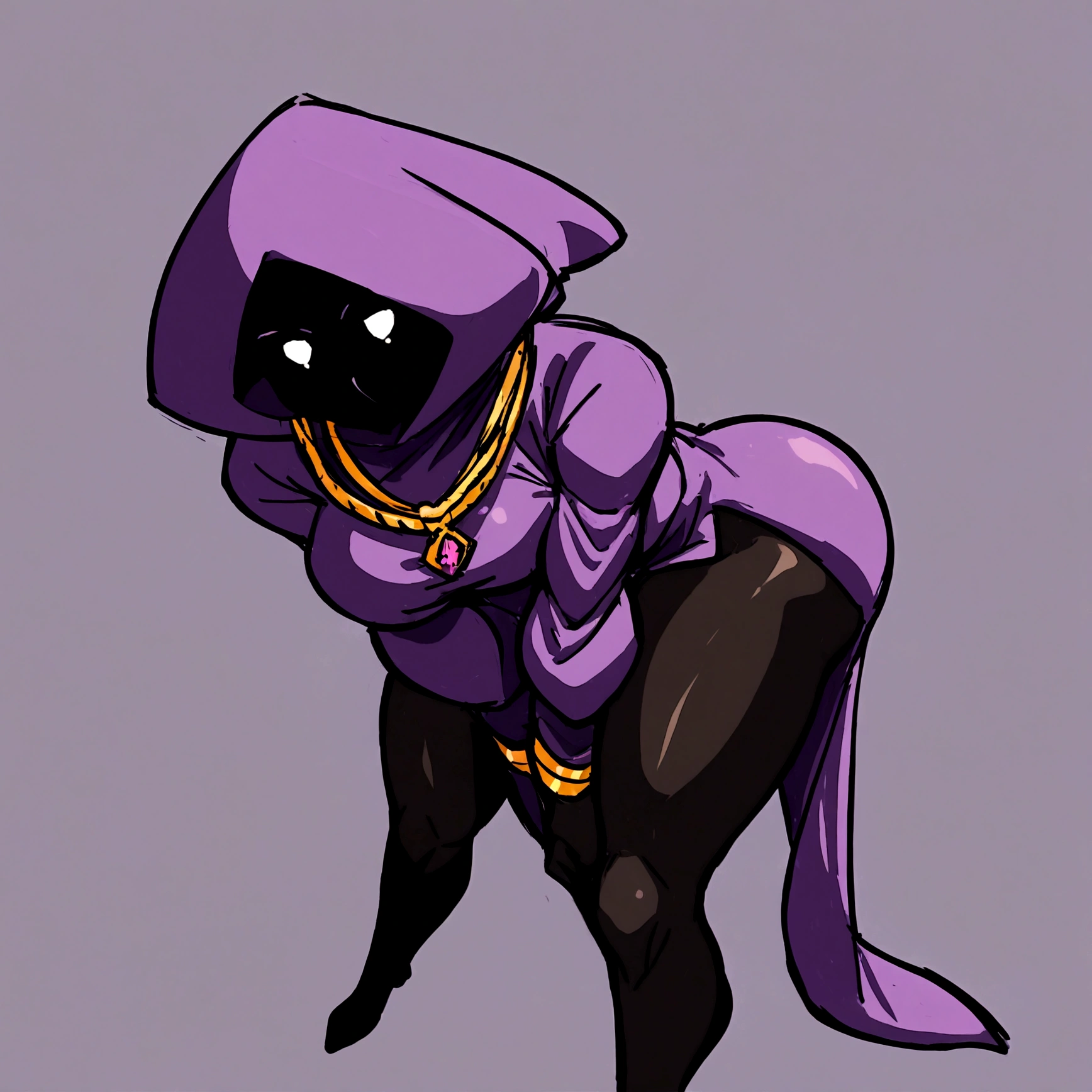 a thicc curvy shadow wizard wearing a purple robe and has nice thick thighs, female, sexy, fit, skinny, bent over from behind, wearing thigh high black stockings