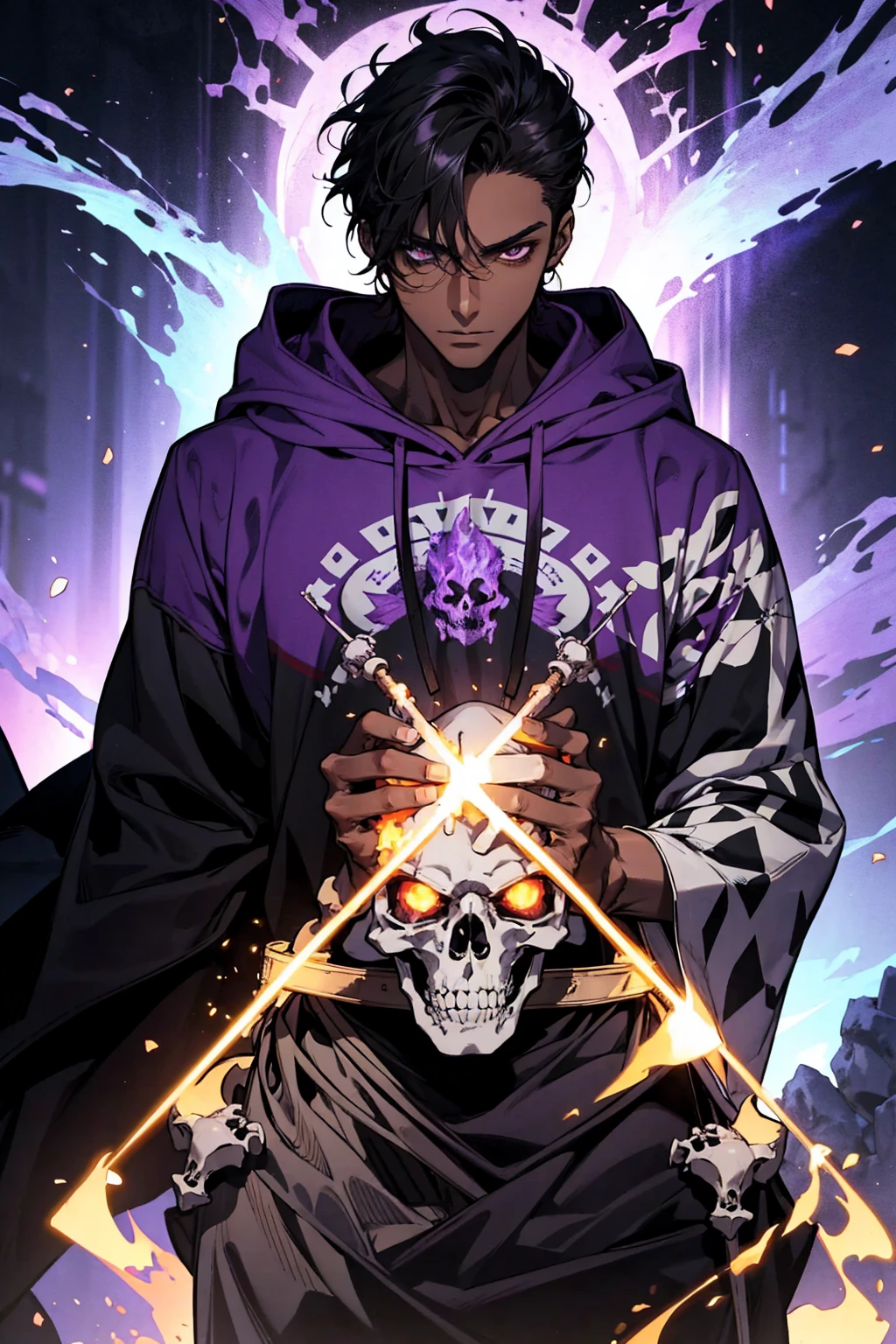 male with bones, looking away from camera, skulls, bones, handsome, black, dark skin, tall, broad shoulders, black hair, purple, purple fire, magic, detailed face, fantasy, hoodie