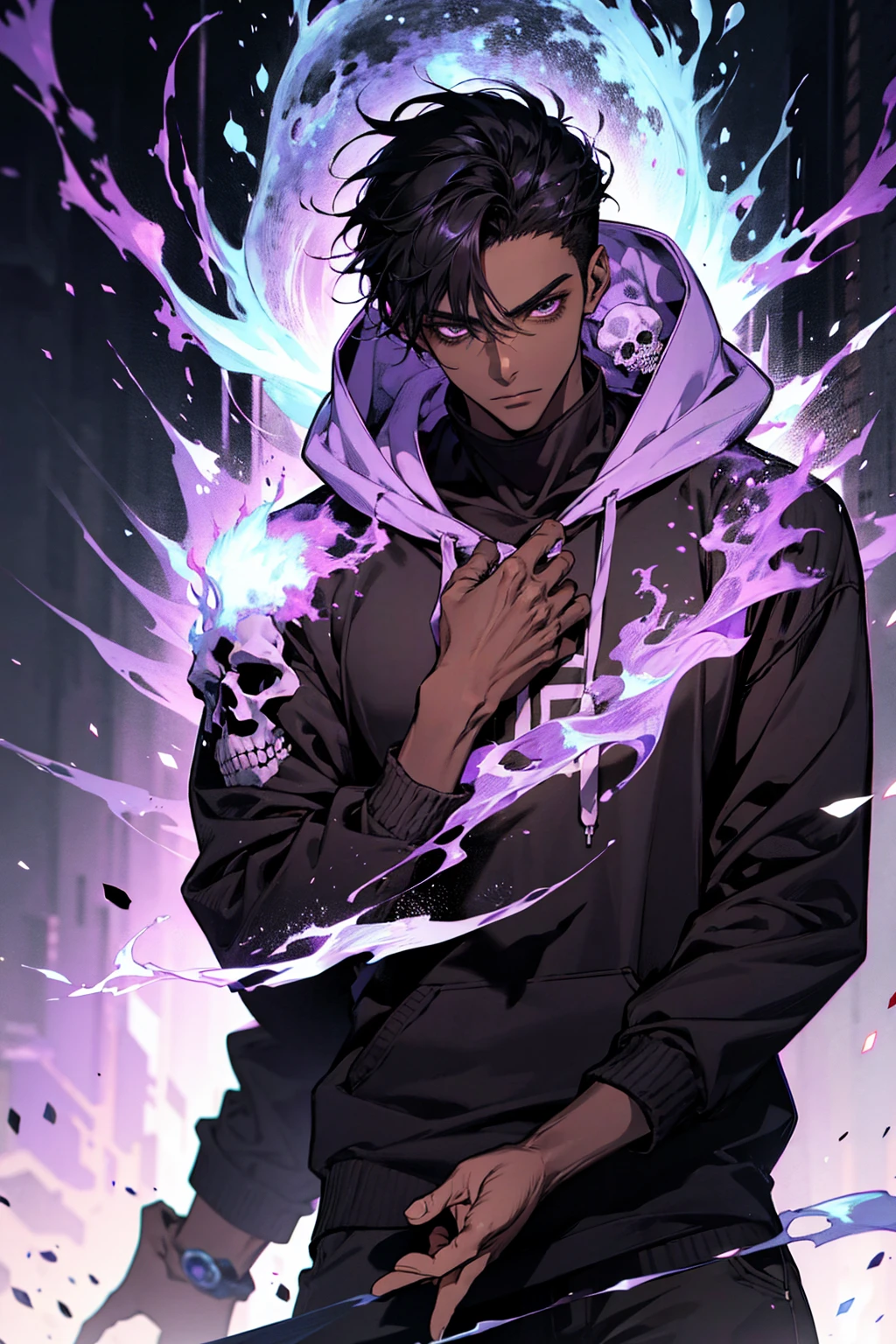 male with bones, looking away from camera, skulls, bones, handsome, black, dark skin, tall, broad shoulders, black hair, purple, purple fire, magic, detailed face, fantasy, hoodie