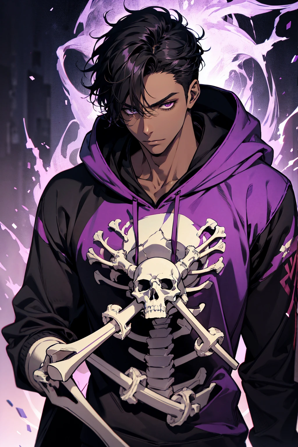 male with bones, looking away from camera, skulls, bones, handsome, black, dark skin, tall, broad shoulders, black hair, purple, purple fire, magic, detailed face, fantasy, hoodie

