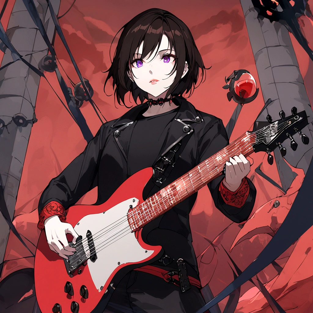 a black-haired anime man, extremely detailed eyes, beautiful detailed lips, longeyelashes, cinematic lighting, dramatic dynamic pose, 8k resolution, stunning masterpiece, black background, red wine glass, black electric guitar in hand, digital art, dramatic lighting, moody atmosphere, highly detailed, intricate details, sharp focus, vivid colors, conceptart