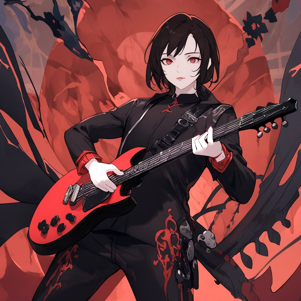 a black-haired anime man, extremely detailed eyes, beautiful detailed lips, longeyelashes, cinematic lighting, dramatic dynamic pose, 8k resolution, stunning masterpiece, black background, red wine glass, black electric guitar in hand, digital art, dramatic lighting, moody atmosphere, highly detailed, intricate details, sharp focus, vivid colors, conceptart