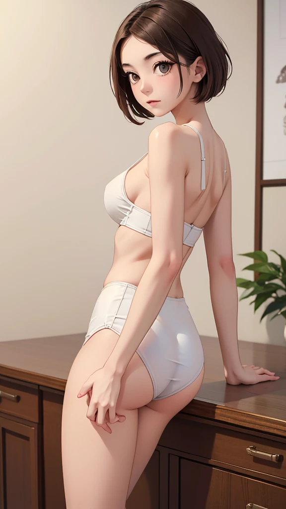 (((masterpiece, best quality, ultra highres, 1 girl, solo, no background))), super detailed skin and face and eyes and finger, beautiful japanese woman, small breasts:1.5, skinny, light brown hair, white background, very short hair, (an illustration of girl), Knee shot, Generate with illustrations, Various expressions, Various poses, Various Costumes,