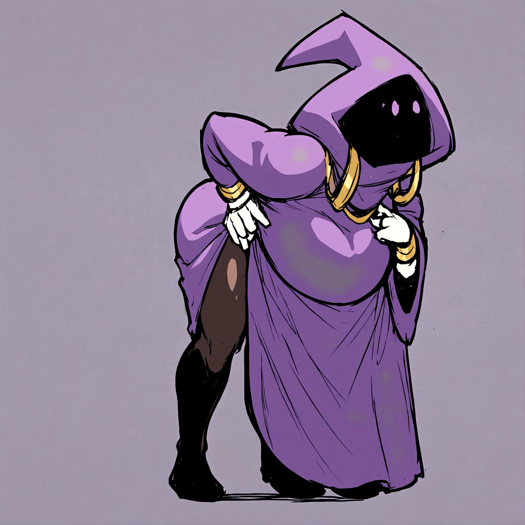 a thicc curvy shadow wizard wearing a purple robe and has nice thick thighs, female, sexy, fit, skinny, bent over from behind, wearing thigh high black stockings