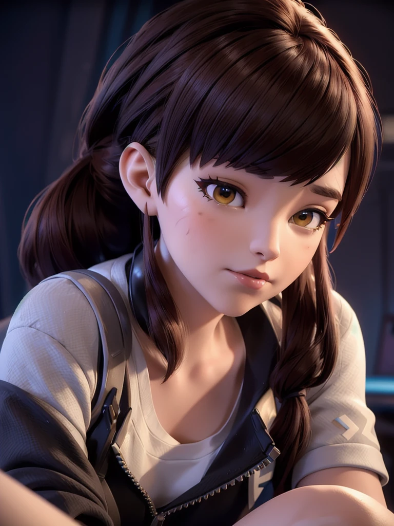 (DVA from Overwatch) without mech, a woman with short brown hair in a (ponytail),she sits on her bed with her legs spread, high quality refelctions, volumetric lighting, wearing a (plain white t-shirt), in her bedroom on her bed, 1 girl solo, cinematic lighting, high resolution, physically-based rendering, 8k, volumetric lighting, hyperrealistic, detailed facial features, masterpiece, full upper body, gaming setup in background, cinematic, you can see the fabric of the shirt and the knits very detailed, small breasts, nsfw, the focus is on her whole body and the environment, cinematic screenshot