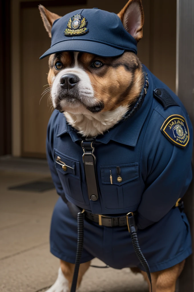 an anthropomorphic Nuggu polidog dressed as a police officer growling slightly at a suspect, masterpiece, best, photo realistic