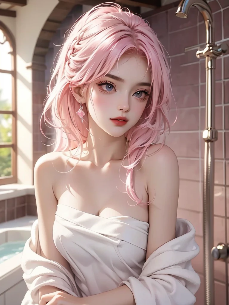 Beautiful woman in bath towel，Greasy and shiny pink lipid hair，（Upper Body）Features