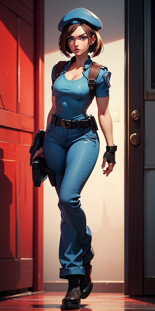 Jill Valentine, full body, masterpiece, best quality, 1girl, solo, standing, jillre1, long hair, beret, uniform, shoulder pads, short sleeves, harness, belt, bell-bottom blue pants(Wide flares on pants:1.2), cleavage, black boots, full body, perfect blue eyes, perfect red mouth,
