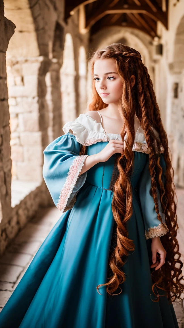 RAW Photos, 16-year-old girl, Image of waist length in the center of the composition, cute, Embarrassing, Long red curly hair braided, ((A medieval dress with long, wide sleeves)), (In a medieval castle), Blurred Background, 8K Ultra HD, Dim lighting, high quality, Film Grain, Fujifilm XT3
