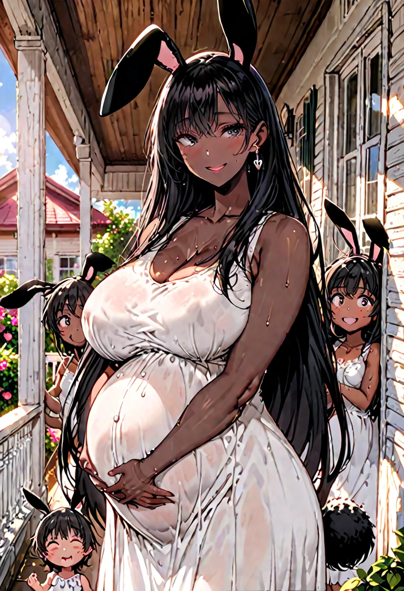 female, huge black rabbit ears, floppy black rabbit ears, dark skin, black hair, very long hair, huge breasts, happy smile, black eyes, cleavage:0.3, heaving breasts, black rabbit tail, sweat, white sundress, pregnant, earring, house porch, sunny, mother and children, medium shot