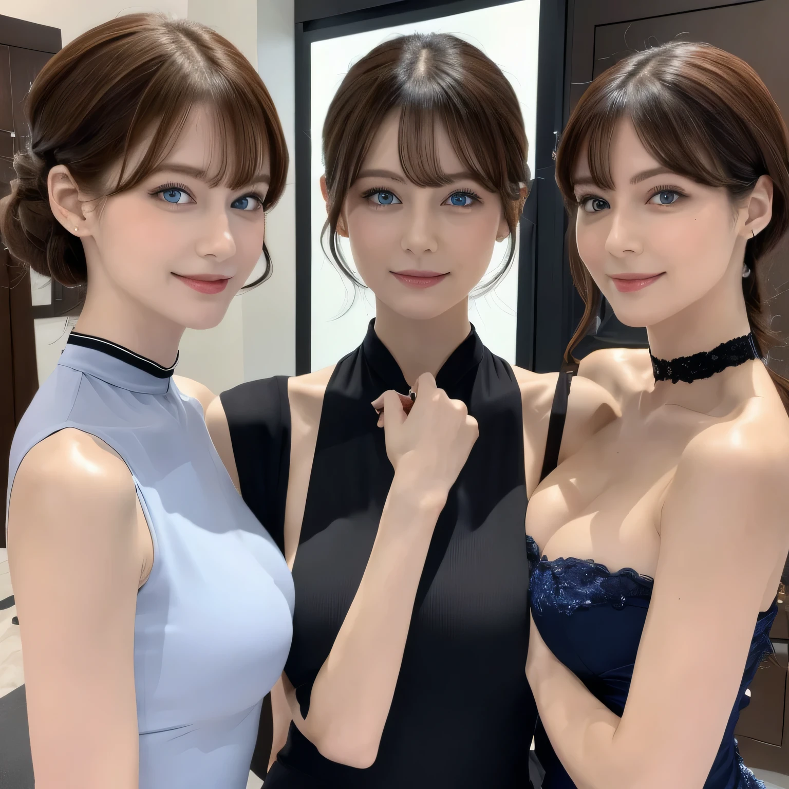 masterpiece, Three adult women、She is photographed in an elegant pose., Their white skin、Adding an air of mysticism to their regal presence, Slim faceに大きな胸が映える, This is highlighted by the closed cheongsam of the Blue Saint., 『The rise of the bookworm』Reminiscent of Rosemine from., further accentuate their sophisticated and refined demeanor. (highest quality, masterpiece: 1.4), (realism: 1.2), (Realistic: 1.2), 4K, detailed, ultra-detailed, Digital Art, ((Big Breasts)), smile, ((Black choker)), Slim figure, (blue eyes), Long eyelashes, bangs, Beautiful shiny brown hair, Nogizaka Idol, Slim face