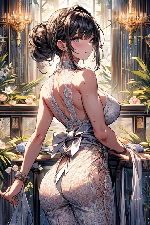 (A masterpiece of image quality in 8K),(Beautiful Allafed Woman),(((emphasizing breasts:1.3))),(Dynamic angles),(Dynamic and sexy bending pose:1.3),(sit a chair:1.3),(Short hair in shiny silver and orange inner colors,large full breasts,Disturbance of clothing due to movement,breast slip,(Ponytail twisted buns adorned with elaborate braids and beads,Braided Setup Fishbone Hair,),(see-through bangs),Huge breasts、(((A white lace apron that shows your bare skin from under your big breasts.......)))、Blush with embarrassment、Enraptured eyes、A smile that beguiles the viewer、(Look back:1.7)、Look into the photographer,skin glistening with sweat,gazing at viewer,,(Professional Lighting),(8K,masutepiece,top-quality,Ultra-high resolution output image,),(Ultra HD with complex detail image modes),depth of fields,Beautiful hands,Beautiful fingers,Detailed finger features,(Detailed hair features:1.7),detailed facial features,detailed clothes features,
