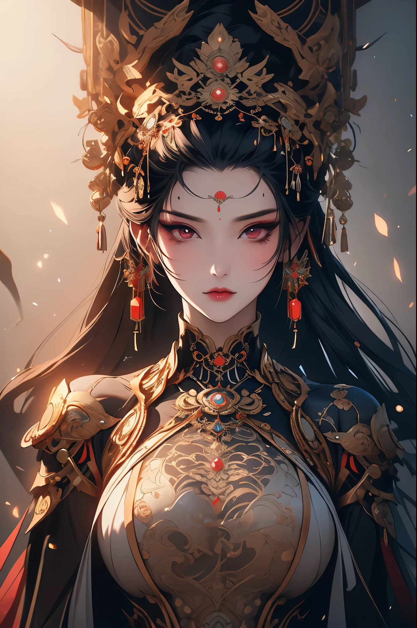 This is an artistic digital illustration portraying the bust of a female figure with cybernetic enhancements and an elaborate mechanical headdress. The figure's facial expression is passive yet intense, with striking red eyes and blue makeup accentuating her features against the contrasting cool metallic tones of the machinery. Rich in detail, the artwork blends organic and mechanical aesthetics, combining smooth human skin with intricate gears, wires, and dripping, Chinese aesthetic landscape on a white background as an RPG game asset, unreal engine,